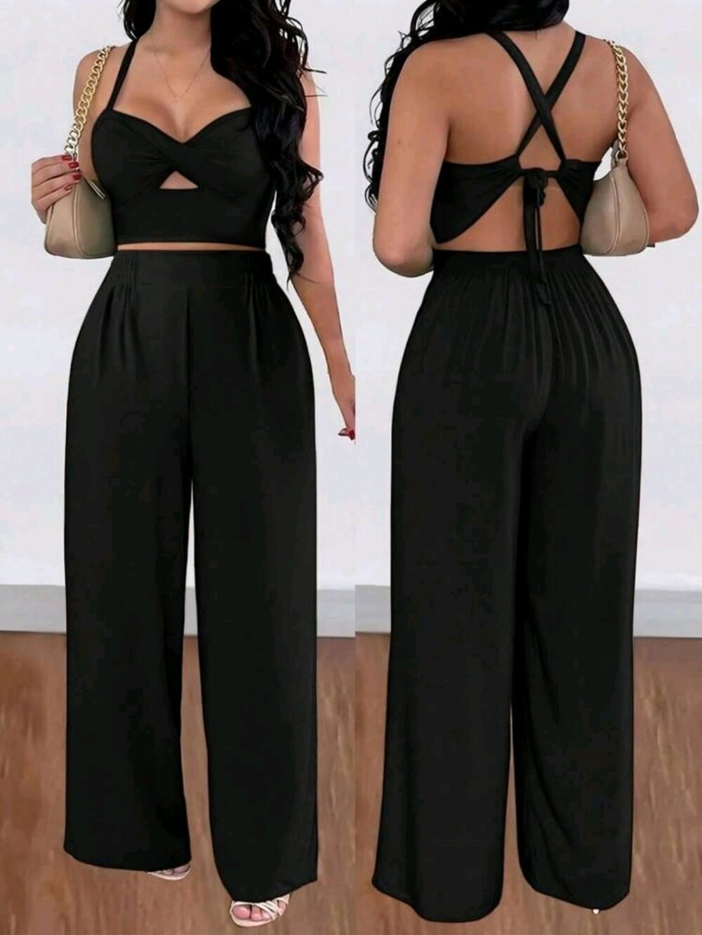 BRAND NEW ** Black Wide-Leg High-Waist Pants with Matching Crop Top
